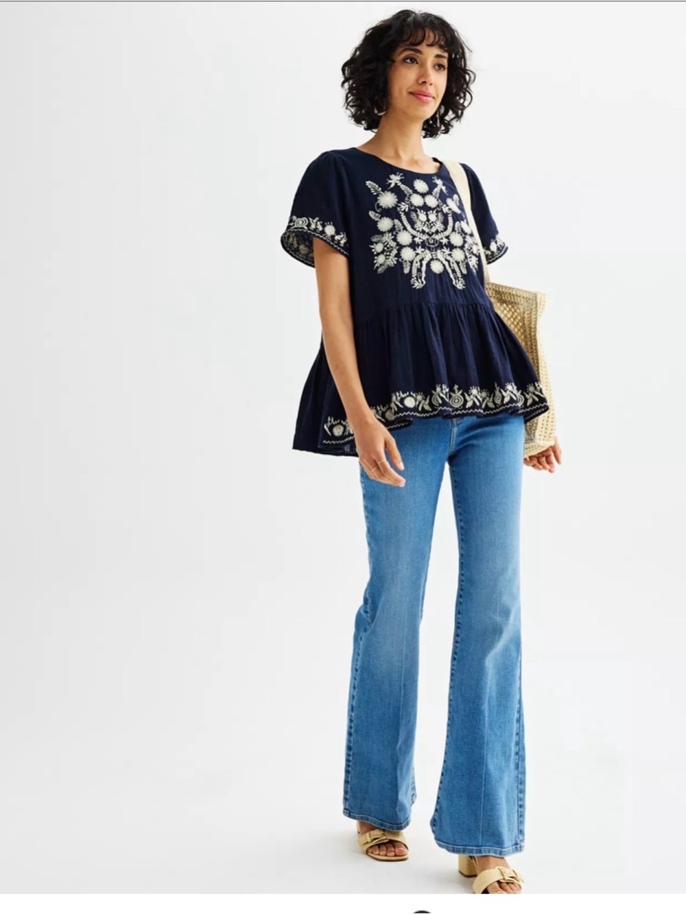 Farmers Market Navy w White Embroidery Woman Cotton Peplum Top. M Boho Western